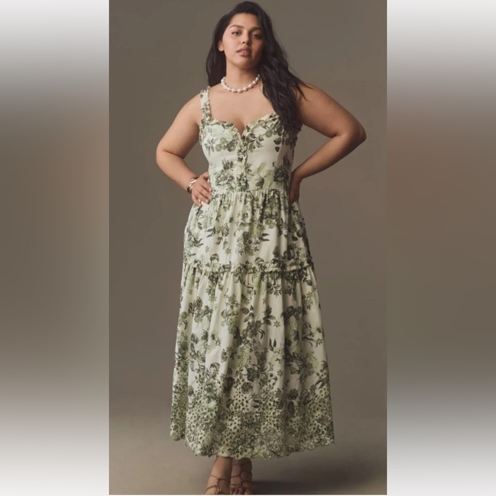 Anthropologie Sleeveless Sweatheart Maxi Dress with Olive Floral Print Sz XL - Picture 5 of 8